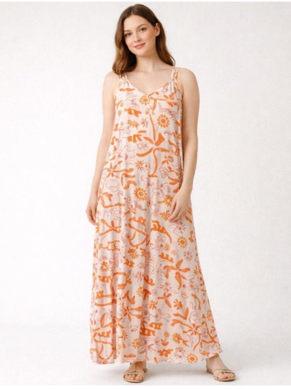 NWOT Label of Love Beach Orange Seashell Print Sweetheart Neck Midi Sun Dress
